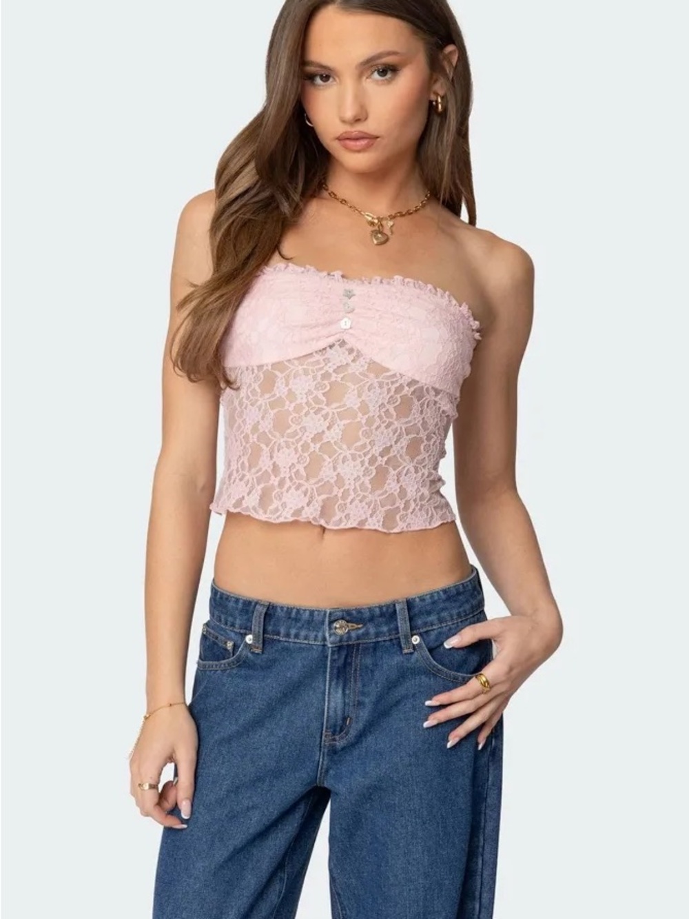 Edikted Strapless Pink Lace Crop Top